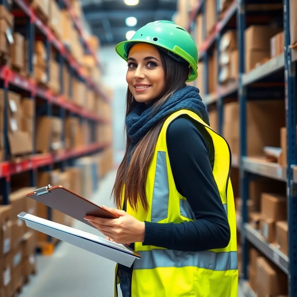 Woman wearing yellow safety vest and blue helmet holding clipboard in a warehouse aisle with shelves and boxes